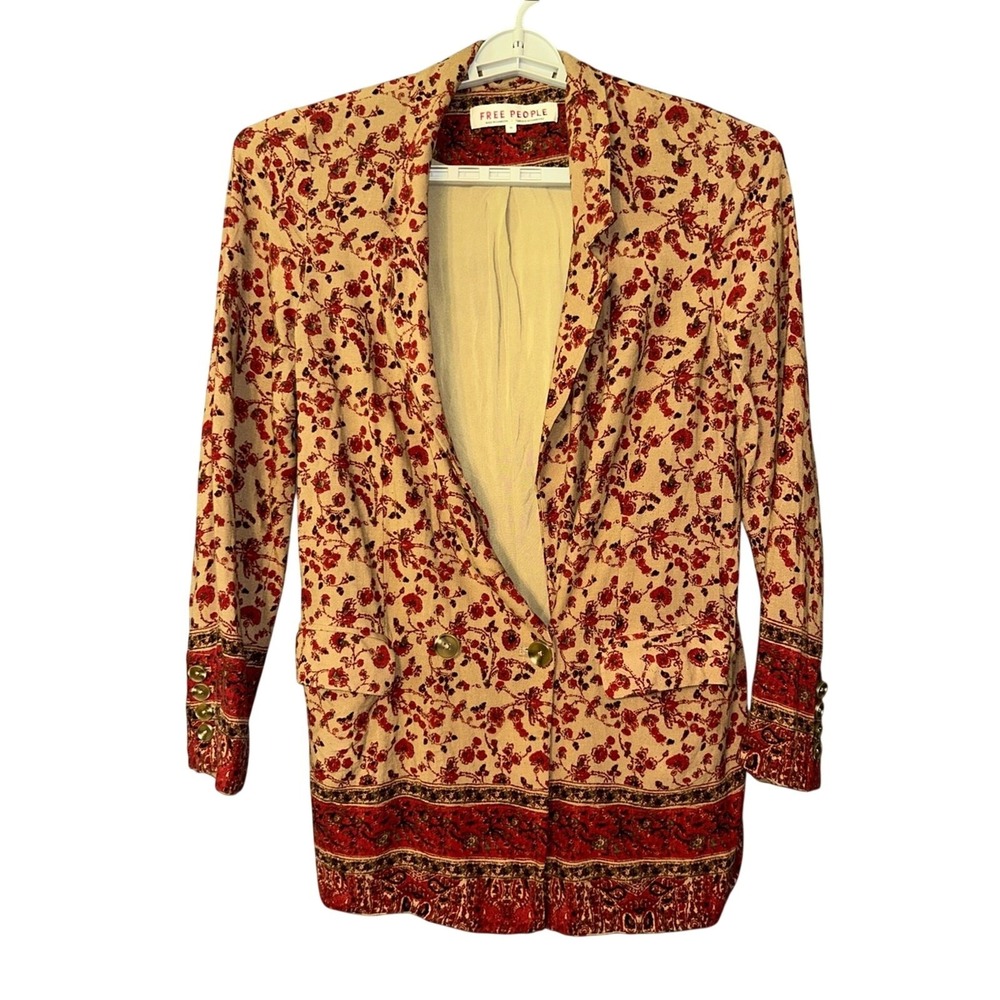 Free People Bellflower Tan Red Blazer Coat Size M Oversize Floral Tapestry Boho